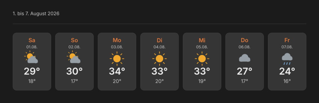 Tageshöchst- und Tiefsttemperaturen vom 1. bis 7. August 2026 in Ramsau im Zillertal